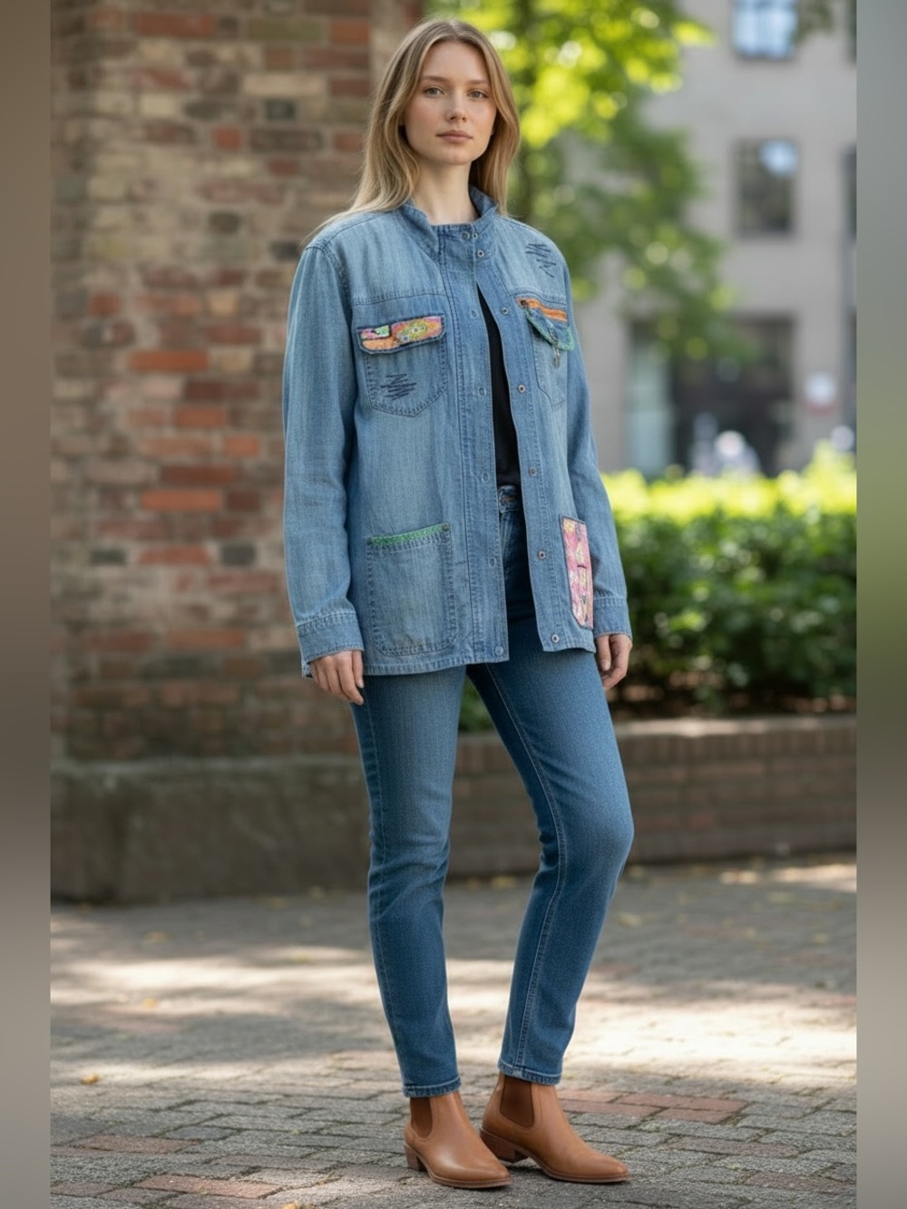 DOUBLE D RANCH Light Blue Denim Jacket, Pink & Green Patchwork, Embroidery, M